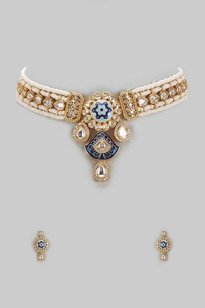 Gold Finish Kundan Polki & Pearl Choker Necklace Set