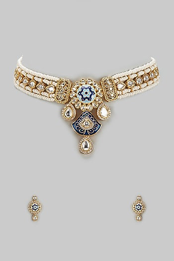 Gold Finish Kundan Polki & Pearl Choker Necklace Set