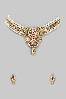 Gold Finish Kundan Polki & Pearl Choker Necklace Set