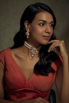 Gold Finish Kundan Polki & Pearl Choker Necklace Set