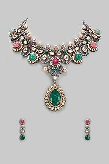Two-Tone Finish Kundan Polki & Multi-Colored Stone Long Necklace Set