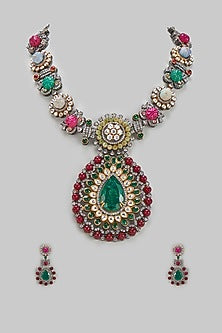 Gold Finish Kundan Polki & Multi-Colored Stone Long Necklace Set