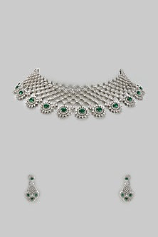 White Finish Zircon & Green Stone Necklace Set