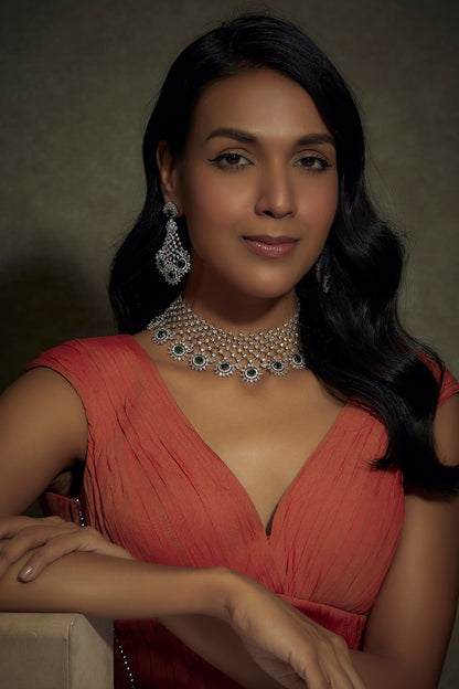 White Finish Zircon & Green Stone Necklace Set