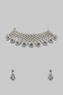 White Finish Zircon & Blue Stone Necklace Set