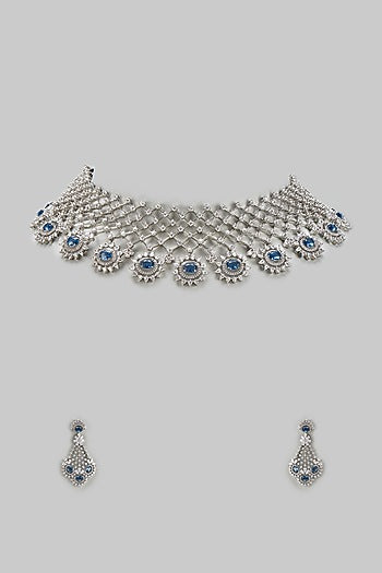 White Finish Zircon & Blue Stone Necklace Set