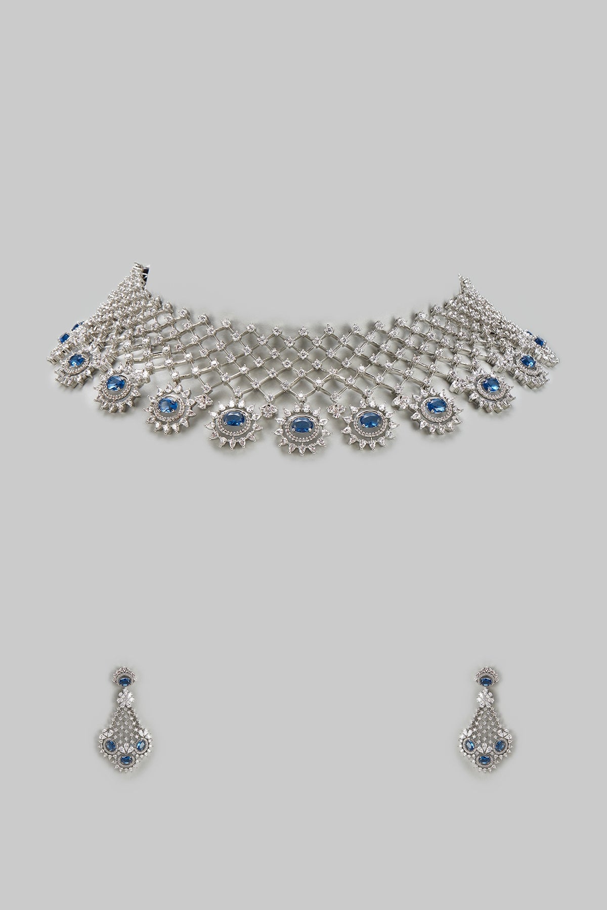 White Finish Zircon & Blue Stone Necklace Set