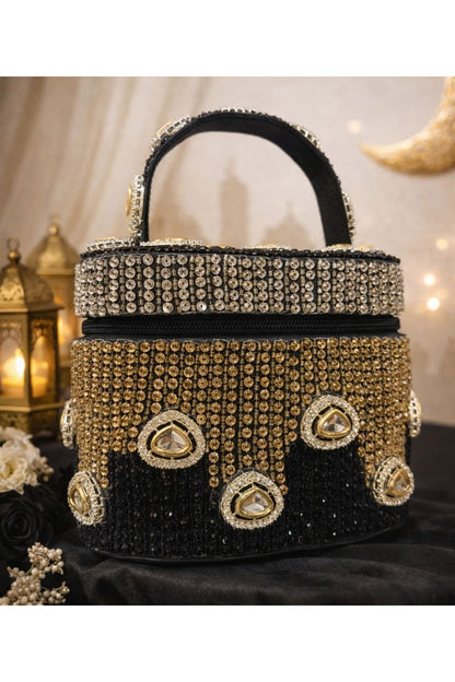 Black Satin Polki Embellished Clutch