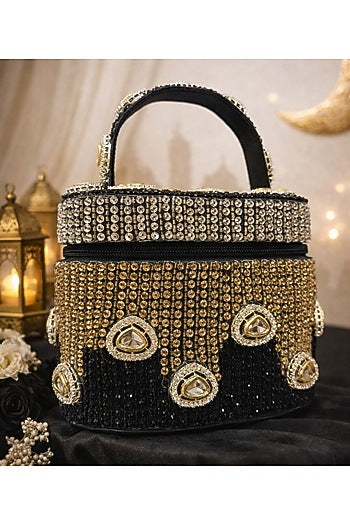 Black Satin Polki Embellished Clutch
