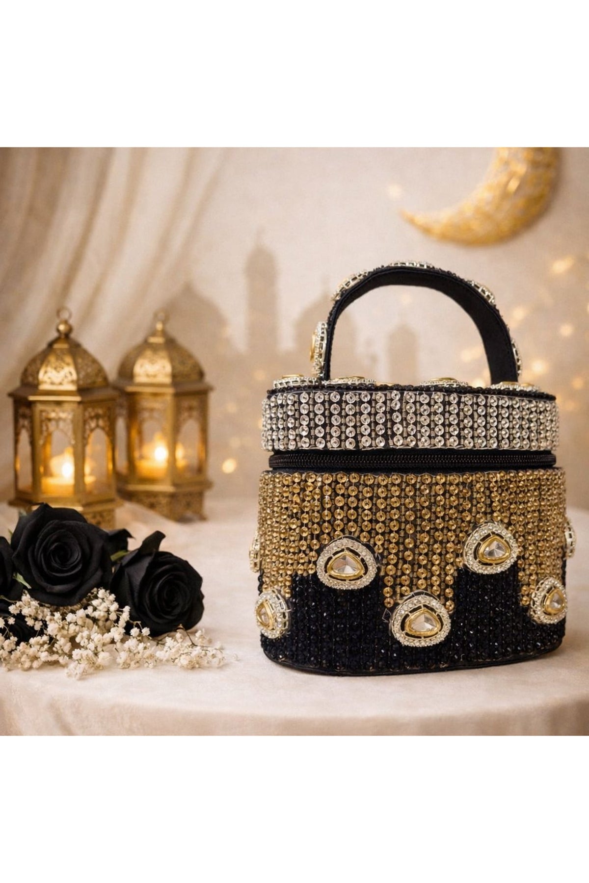 Black Satin Polki Embellished Clutch