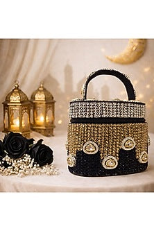 Black Satin Polki Embellished Clutch