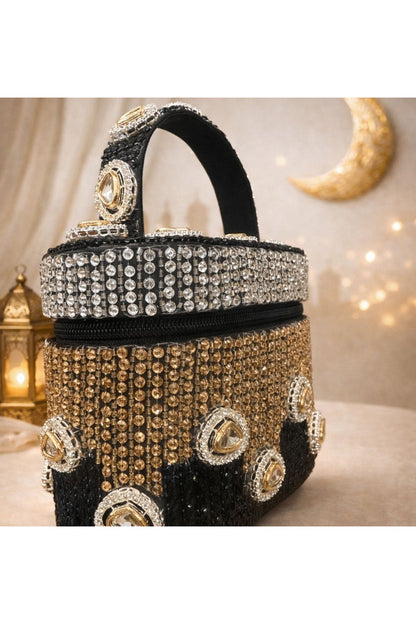 Black Satin Polki Embellished Clutch