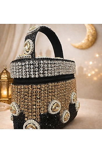 Black Satin Polki Embellished Clutch