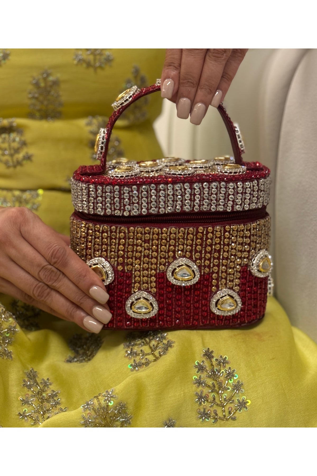 Red Satin Polki Embellished Handcrafted Clutch