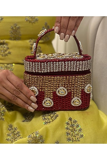 Red Satin Polki Embellished Handcrafted Clutch