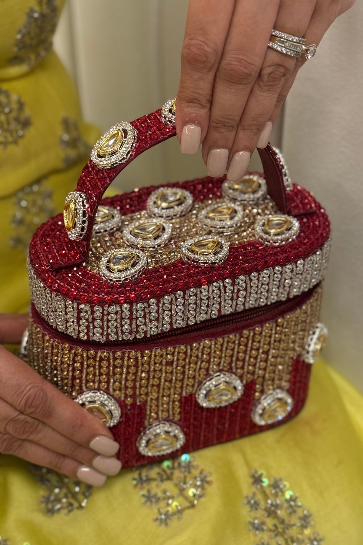 Red Satin Polki Embellished Handcrafted Clutch