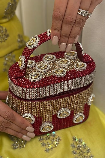 Red Satin Polki Embellished Handcrafted Clutch