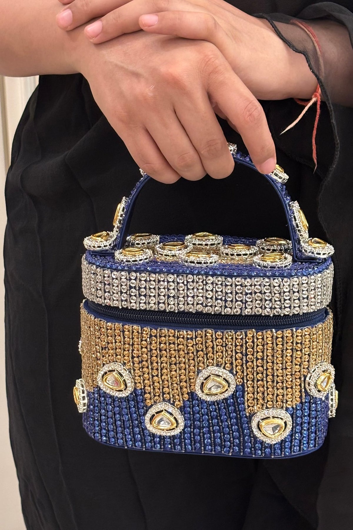 Blue Satin Polki Embellished Handcrafted Clutch