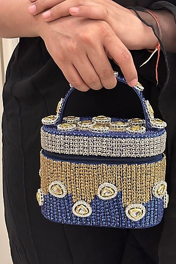Blue Satin Polki Embellished Handcrafted Clutch
