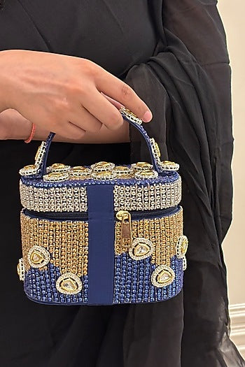 Blue Satin Polki Embellished Handcrafted Clutch