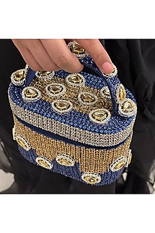 Blue Satin Polki Embellished Handcrafted Clutch