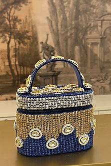 Blue Satin Polki Embellished Handcrafted Clutch