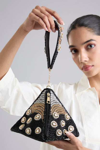 Black Brocade Polki & Sequins Embellished Potli