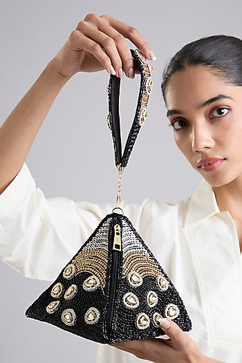 Black Brocade Polki & Sequins Embellished Potli