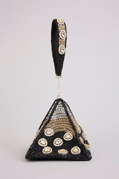 Black Brocade Polki & Sequins Embellished Potli