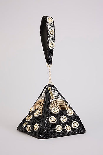 Black Brocade Polki & Sequins Embellished Potli