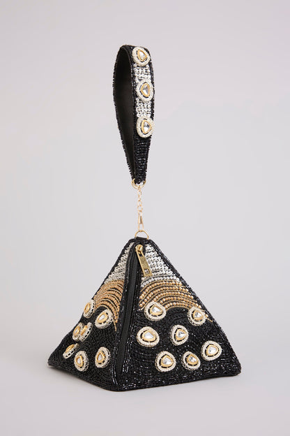 Black Brocade Polki & Sequins Embellished Potli