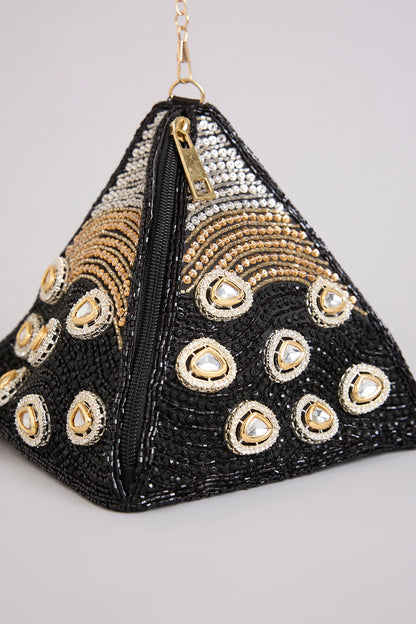 Black Brocade Polki & Sequins Embellished Potli