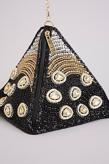 Black Brocade Polki & Sequins Embellished Potli