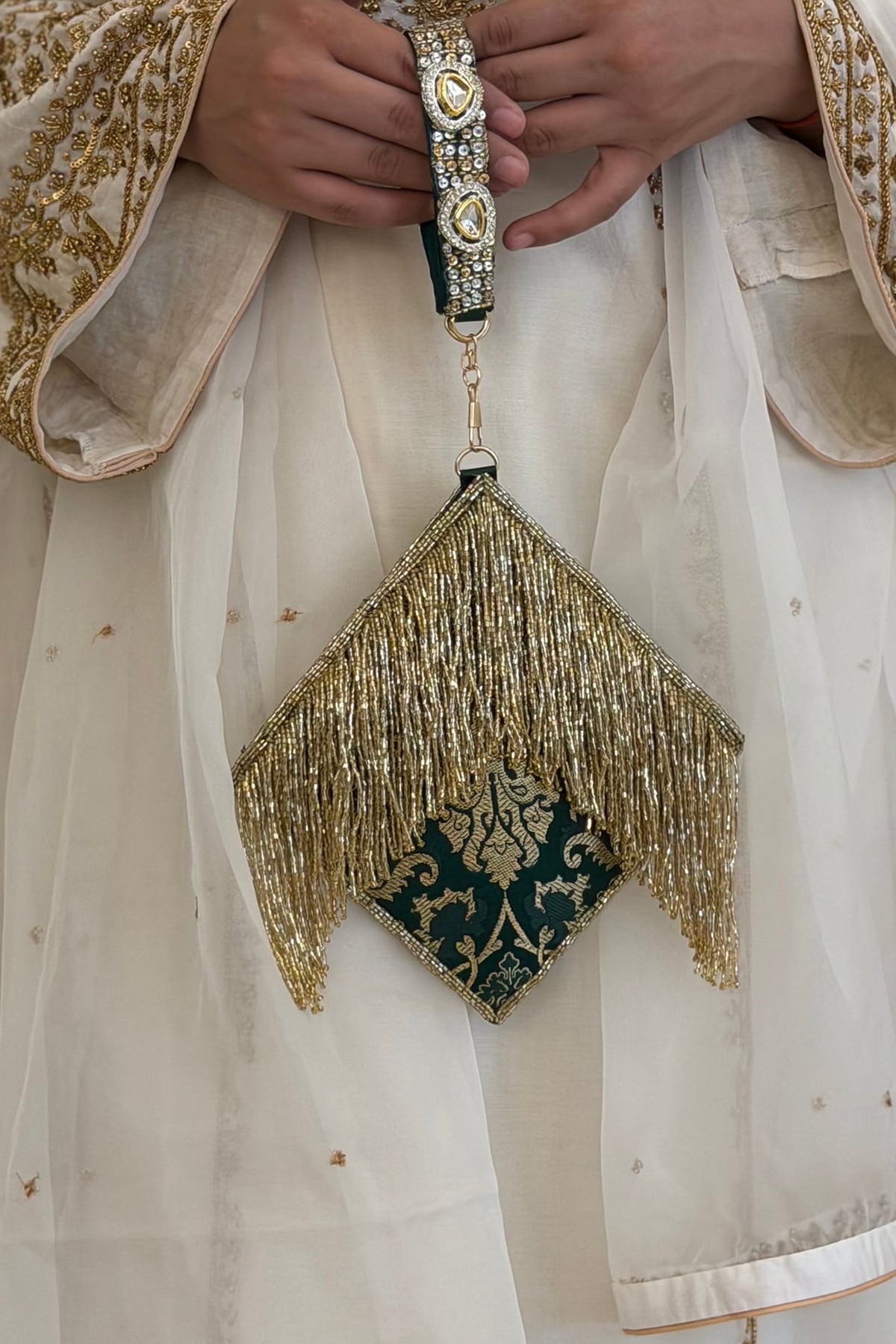 Green Brocade Kundan Polki Embellished Clutch