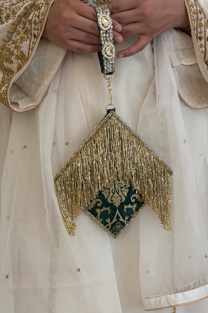 Green Brocade Kundan Polki Embellished Clutch