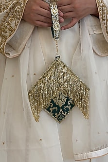 Green Brocade Kundan Polki Embellished Clutch
