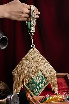 Green Brocade Kundan Polki Embellished Clutch
