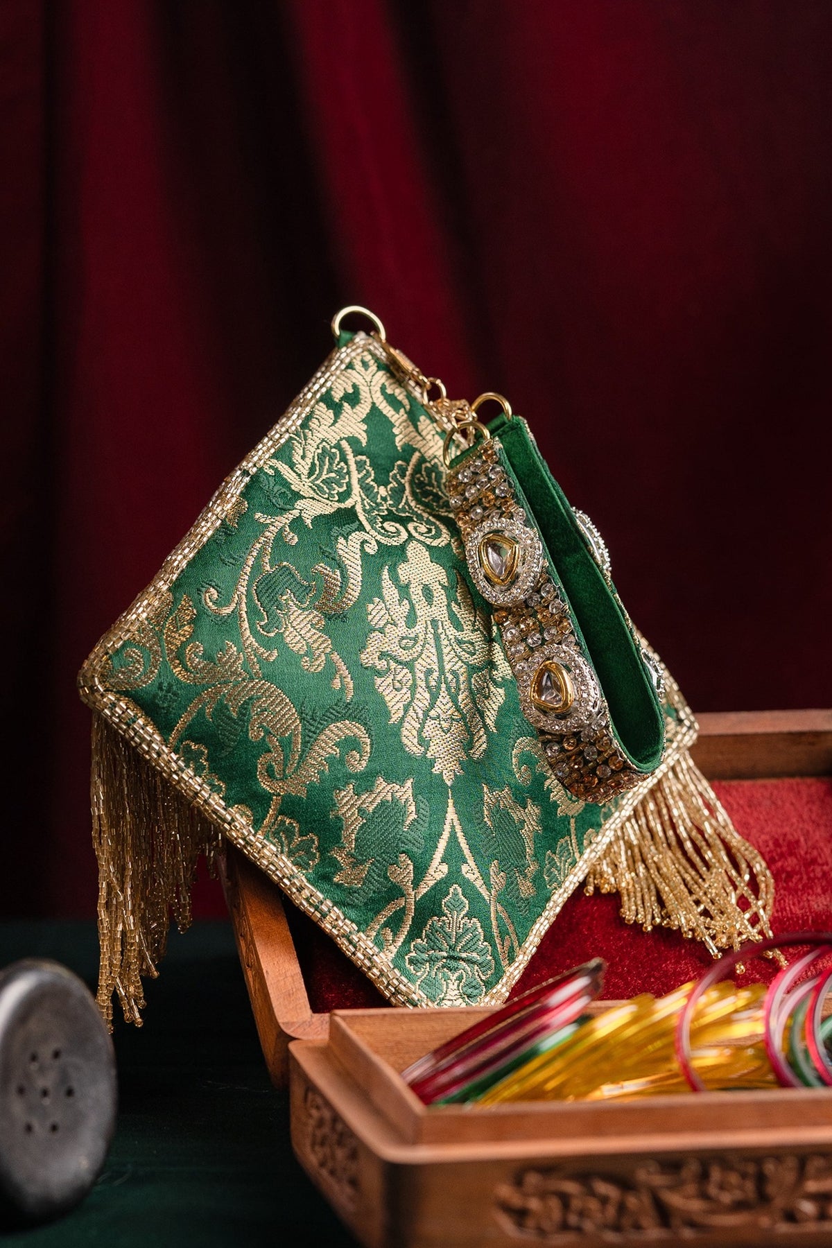 Green Brocade Kundan Polki Embellished Clutch