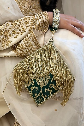 Green Brocade Kundan Polki Embellished Clutch