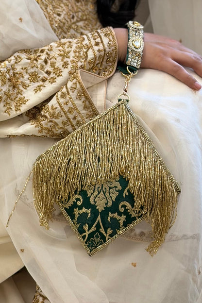 Green Brocade Kundan Polki Embellished Clutch