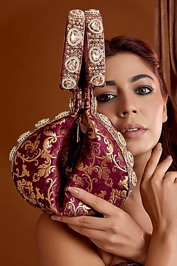 Maroon Brocade Kundan Embellished Clutch