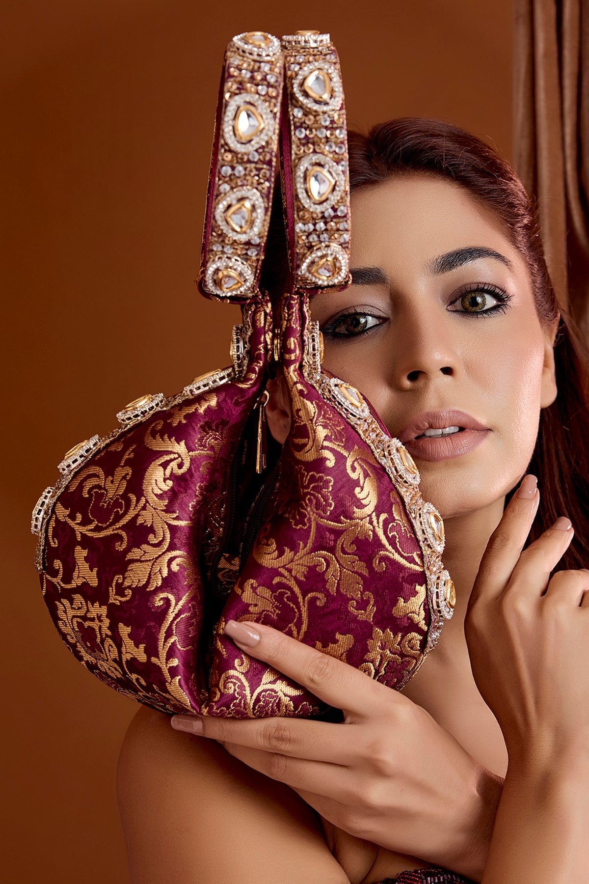 Maroon Brocade Kundan Embellished Clutch