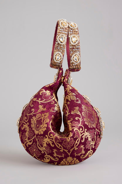 Maroon Brocade Kundan Embellished Clutch