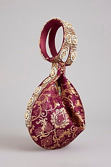Maroon Brocade Kundan Embellished Clutch