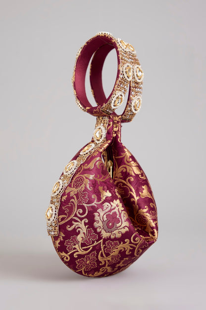 Maroon Brocade Kundan Embellished Clutch