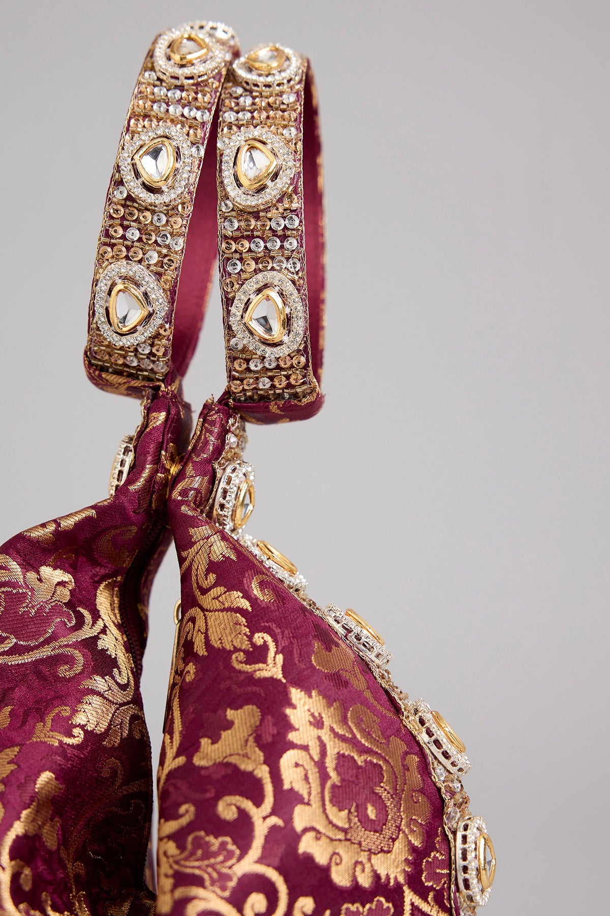 Maroon Brocade Kundan Embellished Clutch