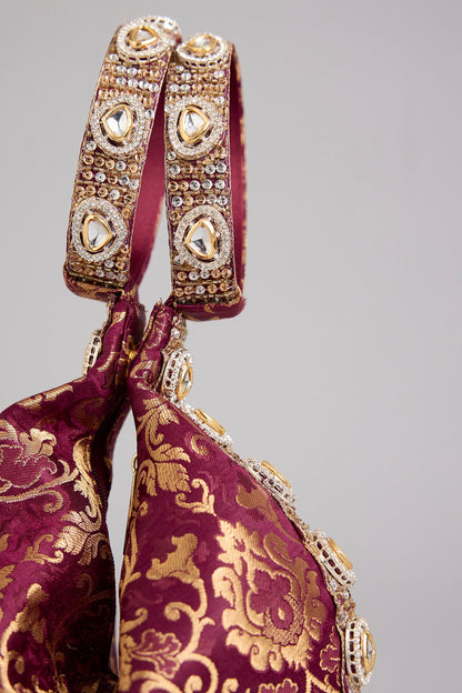 Maroon Brocade Kundan Embellished Clutch