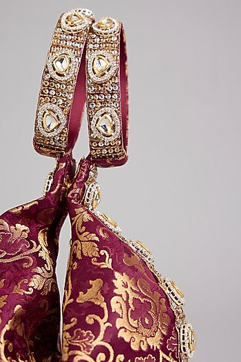 Maroon Brocade Kundan Embellished Clutch