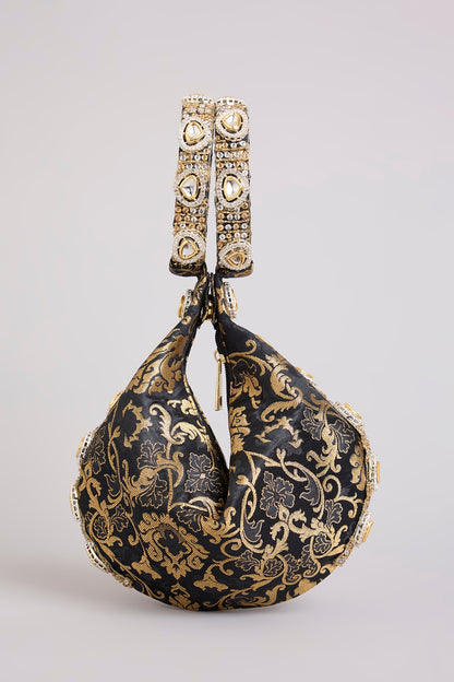 Black Brocade Polki & Sequins Embellished Clutch