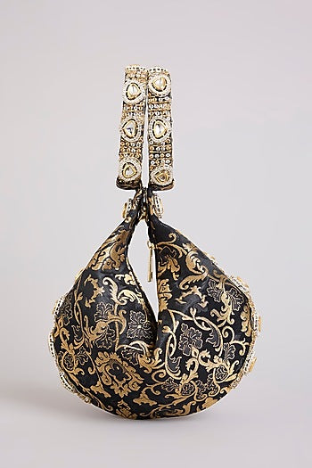 Black Brocade Polki & Sequins Embellished Clutch